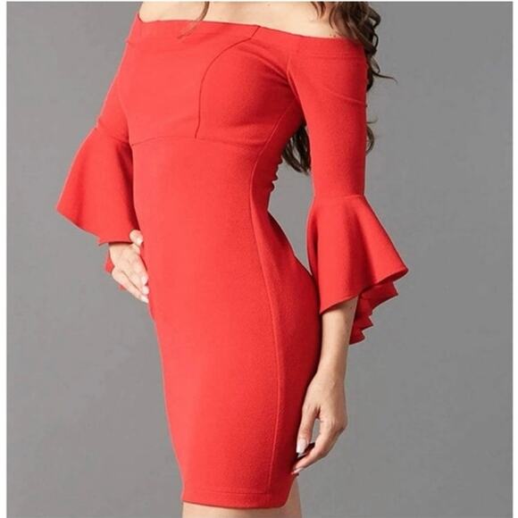 Teeze Me Cherry Red Off-Shoulder Ruffle Mini Sheath Dress Size 1/2 - Picture 2 of 6